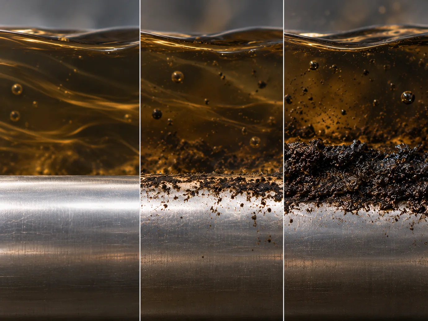 Conceptual illustration of a clean heating surface and progressively thicker deposits beneath a process liquid